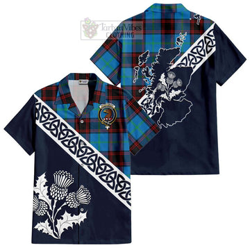 Wedderburn Tartan Short Sleeve Button Shirt Featuring Thistle and Scotland Map