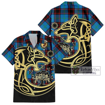 Wedderburn Tartan Short Sleeve Button Shirt with Family Crest Celtic Wolf Style