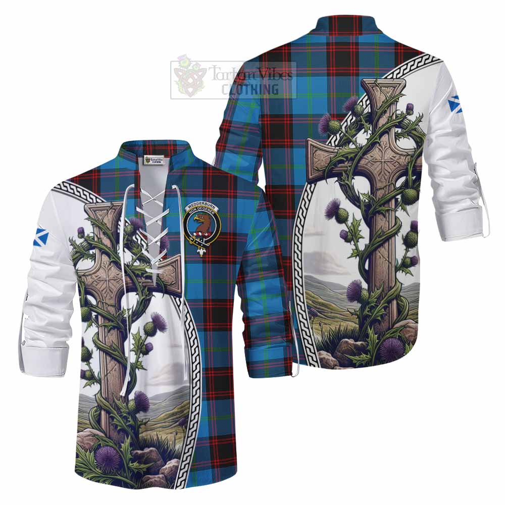 Tartan Vibes Clothing Wedderburn Tartan Ghillie Kilt Shirt with Family Crest and St. Andrew's Cross Accented by Thistle Vines