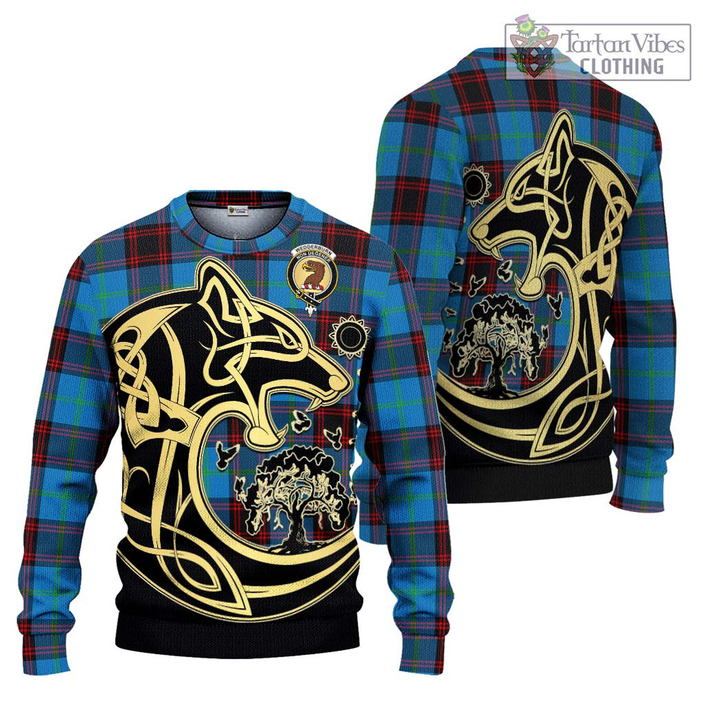 Wedderburn Tartan Knitted Sweater with Family Crest Celtic Wolf Style Unisex - Tartan Vibes Clothing