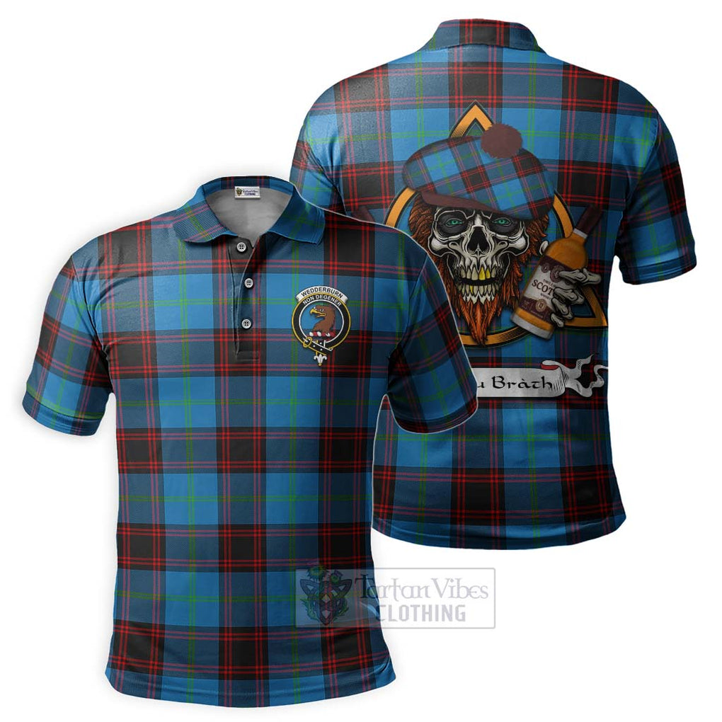 Tartan Vibes Clothing Wedderburn Tartan Polo Shirt with Family Crest and Bearded Skull Holding Bottles of Whiskey