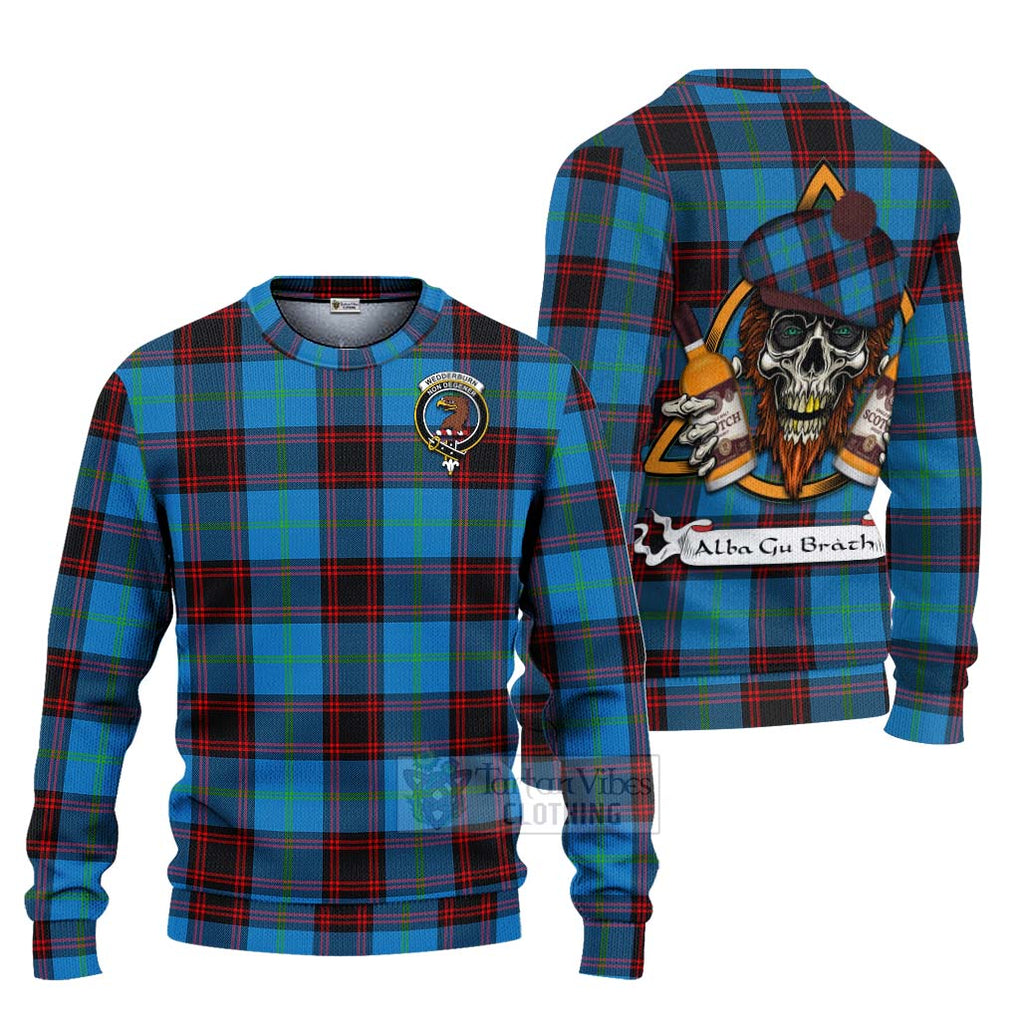 Tartan Vibes Clothing Wedderburn Tartan Knitted Sweater with Family Crest and Bearded Skull Holding Bottles of Whiskey