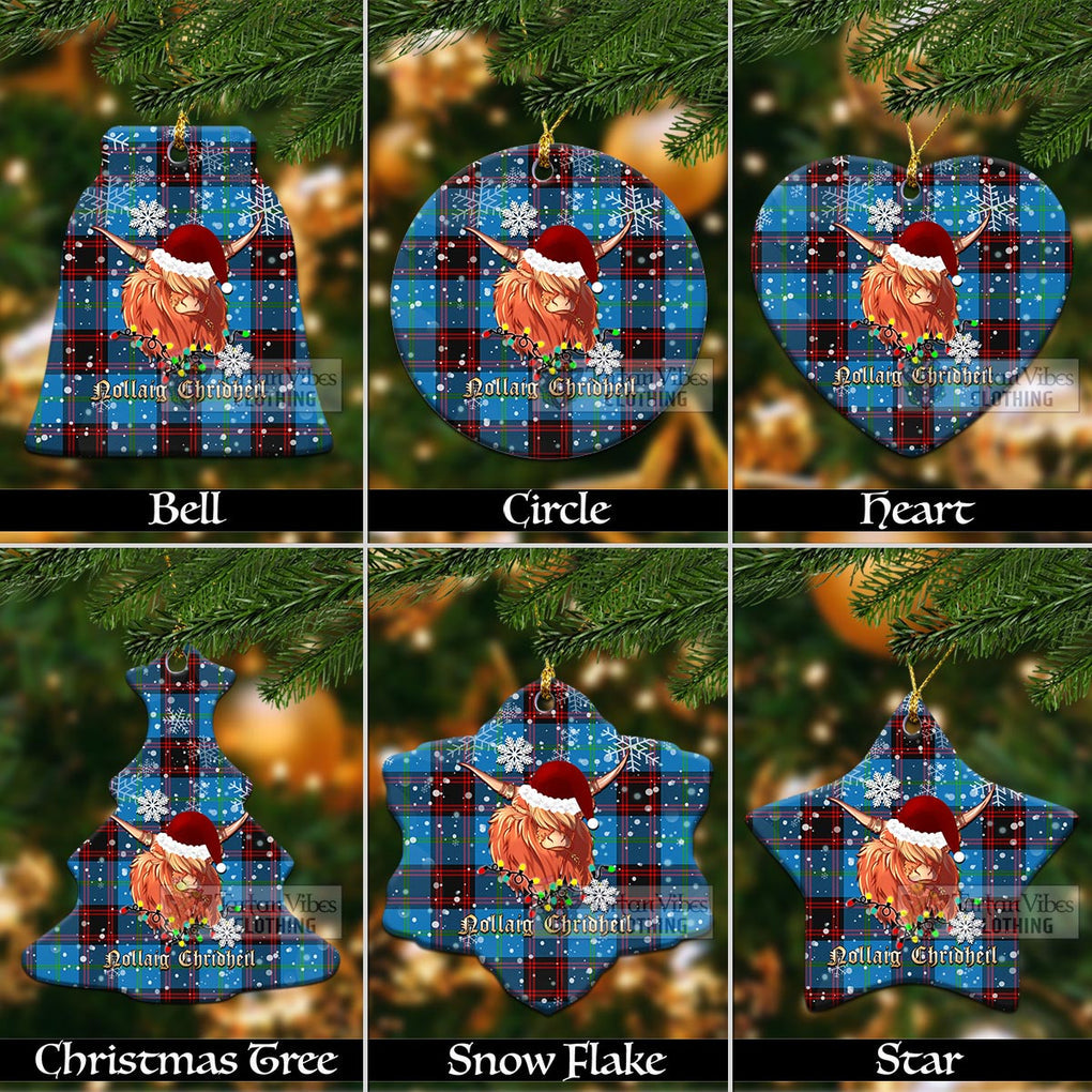 Tartan Vibes Clothing Wedderburn Clan Tartan Ornament with Christmas Twinkle Highland Cattle