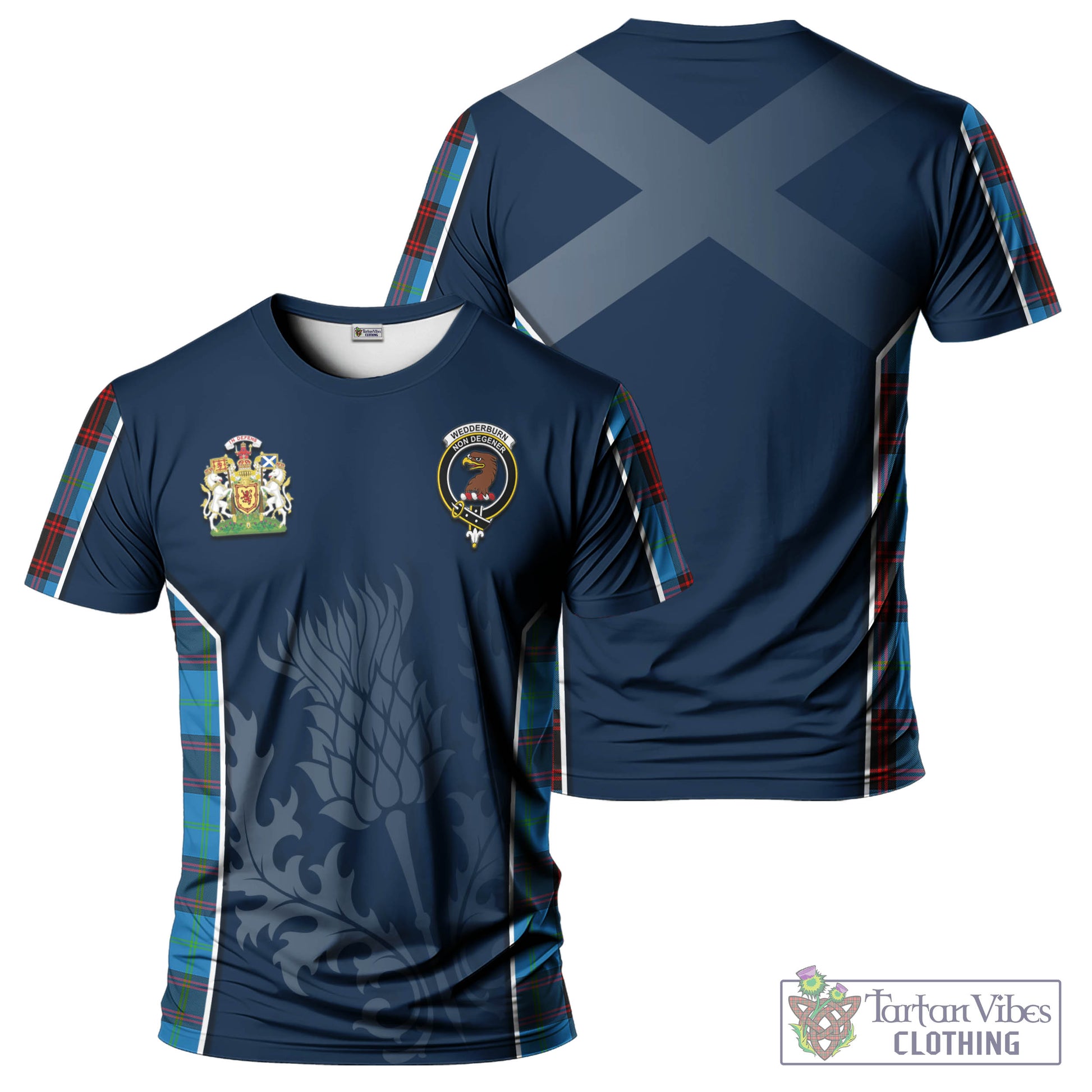 Tartan Vibes Clothing Wedderburn Tartan T-Shirt with Family Crest and Scottish Thistle Vibes Sport Style