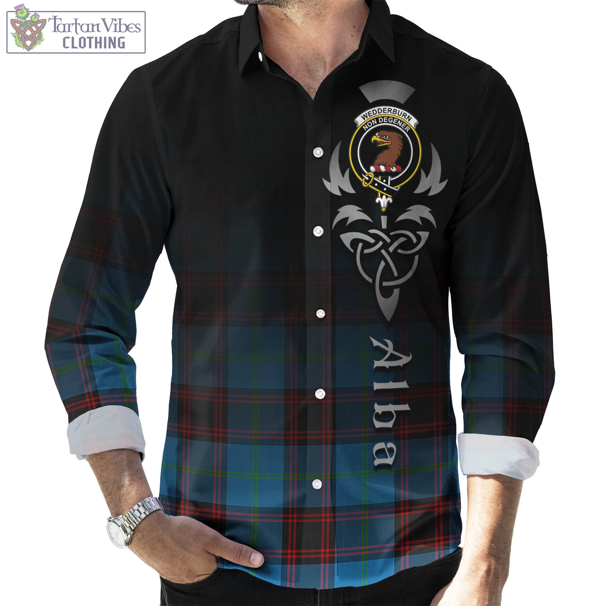 Tartan Vibes Clothing Wedderburn Tartan Long Sleeve Button Up Featuring Alba Gu Brath Family Crest Celtic Inspired