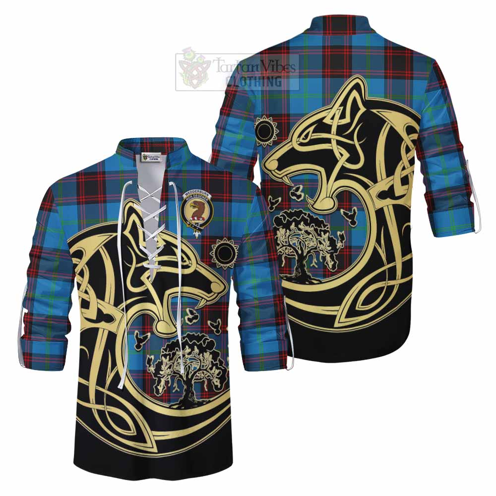 Tartan Vibes Clothing Wedderburn Tartan Ghillie Kilt Shirt with Family Crest Celtic Wolf Style