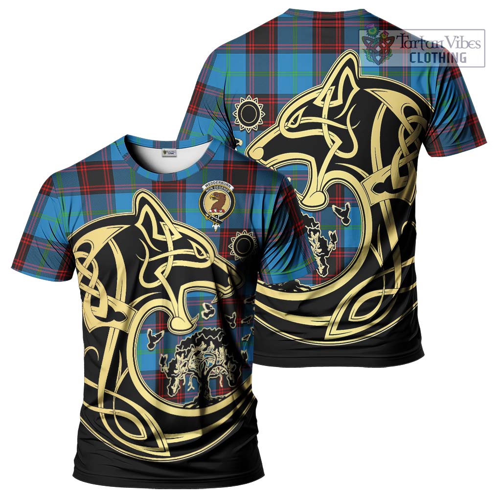 Tartan Vibes Clothing Wedderburn Tartan T-Shirt with Family Crest Celtic Wolf Style