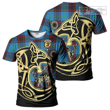 Wedderburn Tartan T-Shirt with Family Crest Celtic Wolf Style