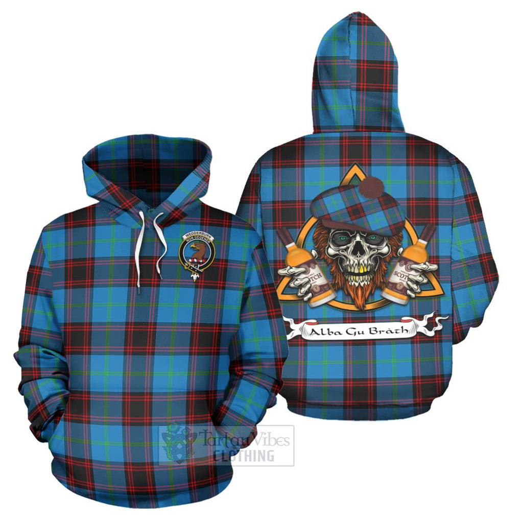 Tartan Vibes Clothing Wedderburn Tartan Hoodie with Family Crest and Bearded Skull Holding Bottles of Whiskey