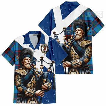 Wedderburn Tartan Short Sleeve Button Shirt with Family Crest Scottish Bagpiper Vibes