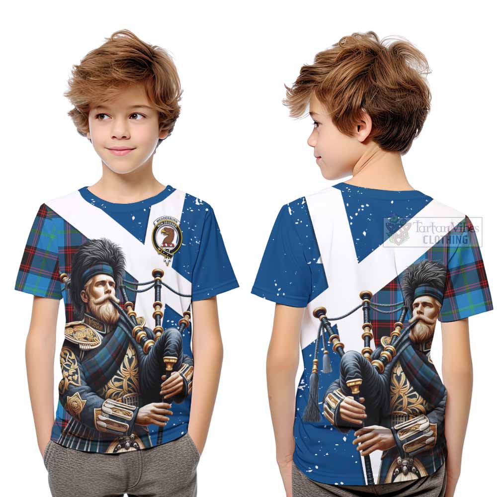 Tartan Vibes Clothing Wedderburn Tartan Kid T-Shirt with Family Crest Scottish Bagpiper Vibes