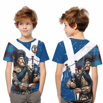 Wedderburn Tartan Kid T-Shirt with Family Crest Scottish Bagpiper Vibes