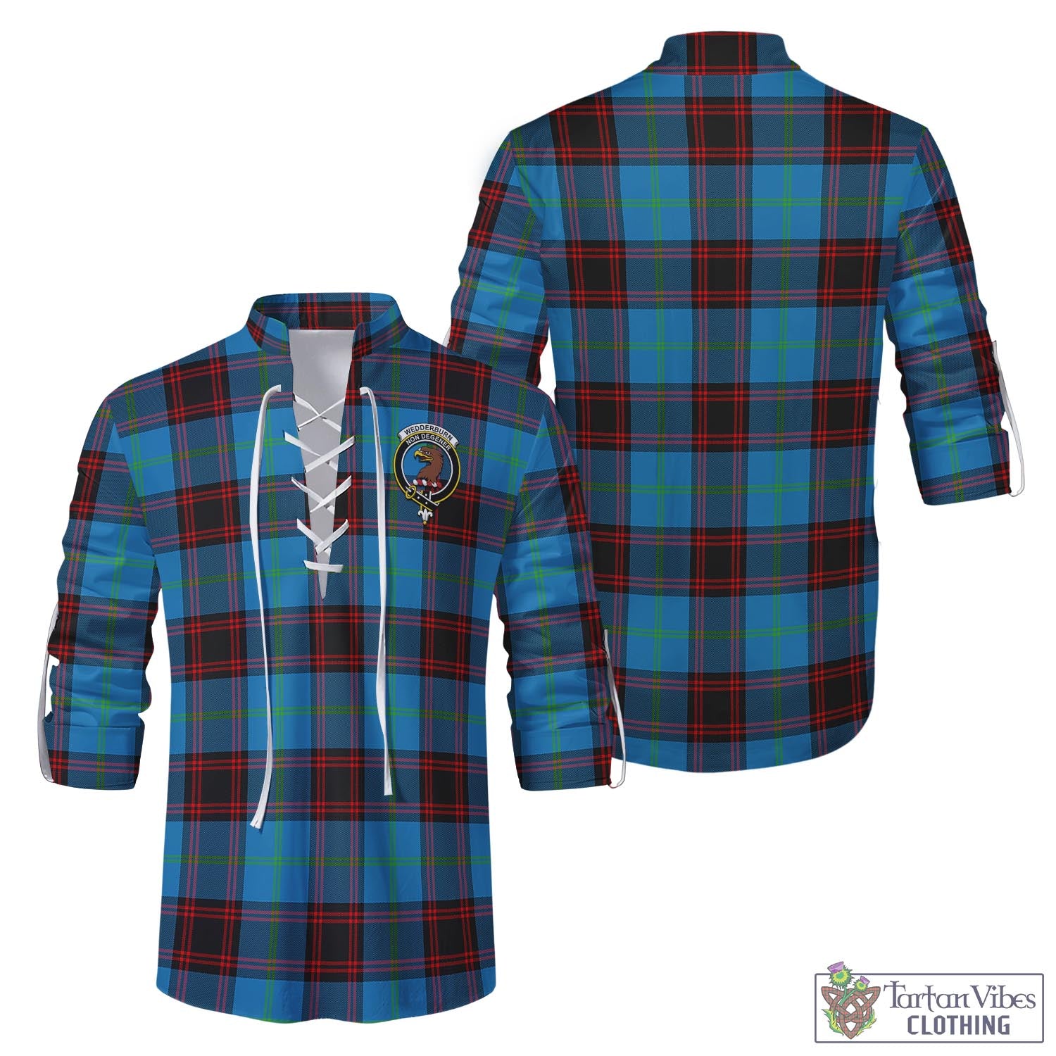 Tartan Vibes Clothing Wedderburn Tartan Men's Scottish Traditional Jacobite Ghillie Kilt Shirt with Family Crest