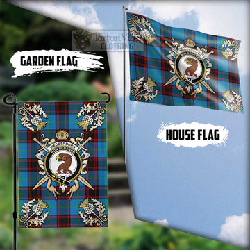 Wedderburn Tartan Flag with Family Crest and Golden Thistle Crossed Sword Design