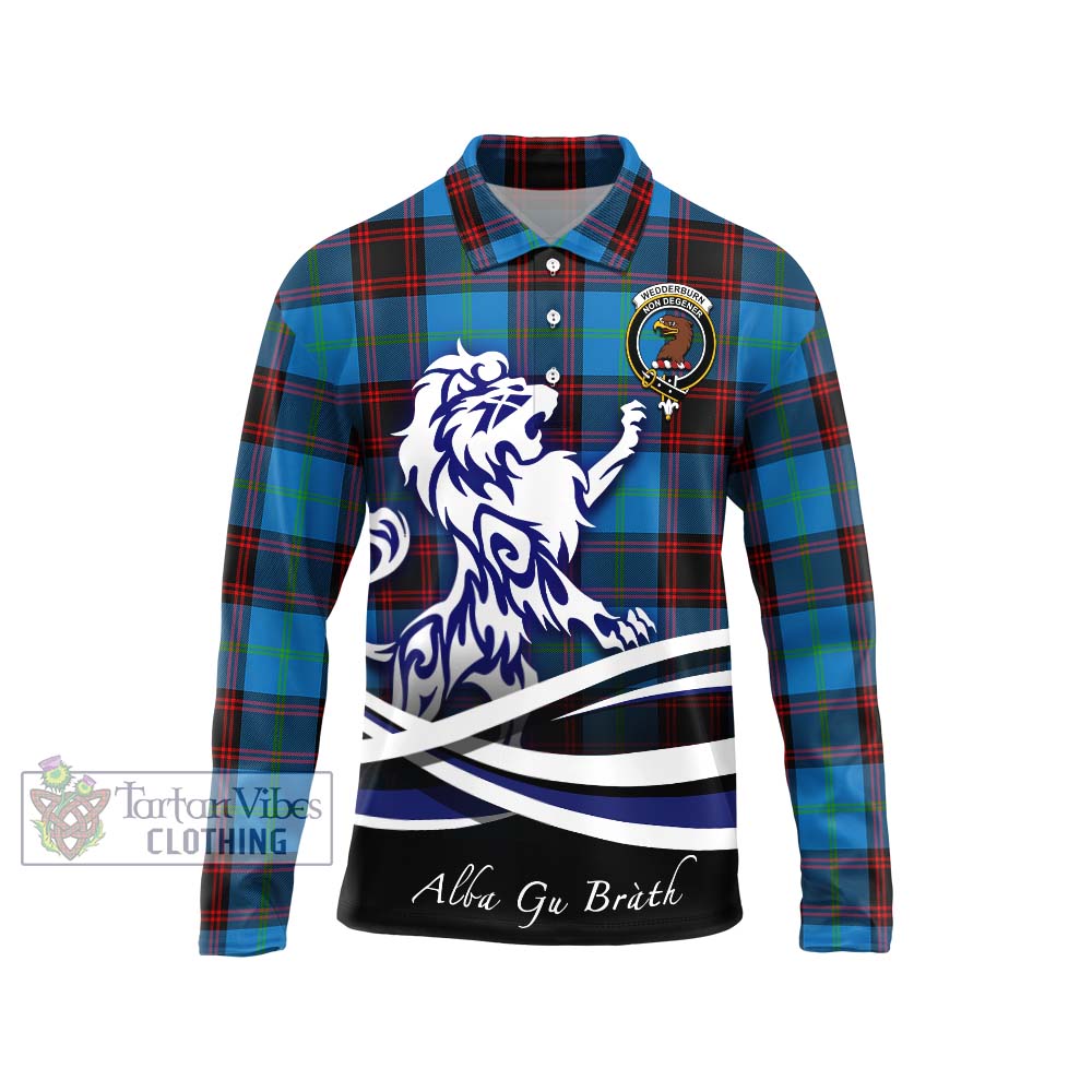 Wedderburn Tartan Long Sleeve Polo Shirt with Alba Gu Brath Regal Lion Emblem Unisex - Tartanvibesclothing Shop