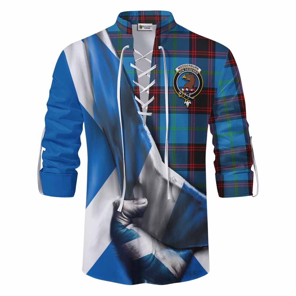 Tartan Vibes Clothing Wedderburn Tartan Ghillie Kilt Shirt with Family Crest Scotland Patriotic Style