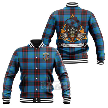 Wedderburn Tartan Baseball Jacket with Family Crest and Bearded Skull Holding Bottles of Whiskey