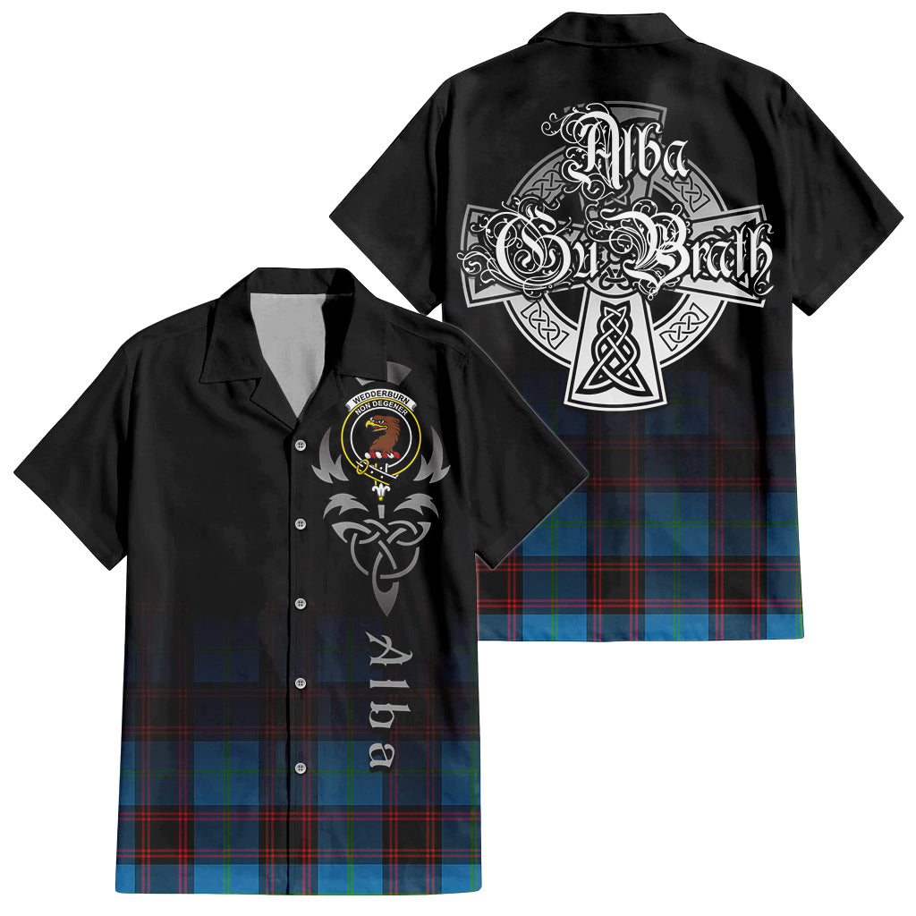 Tartan Vibes Clothing Wedderburn Tartan Short Sleeve Button Up Featuring Alba Gu Brath Family Crest Celtic Inspired