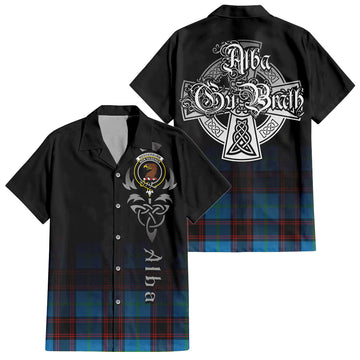 Wedderburn Tartan Short Sleeve Button Up Shirt Featuring Alba Gu Brath Family Crest Celtic Inspired