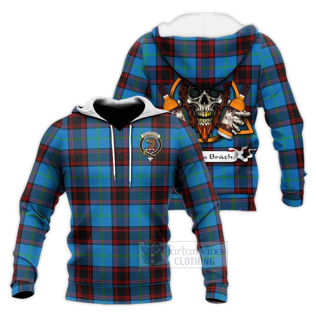 Tartan Vibes Clothing Wedderburn Tartan Knitted Hoodie with Family Crest and Bearded Skull Holding Bottles of Whiskey