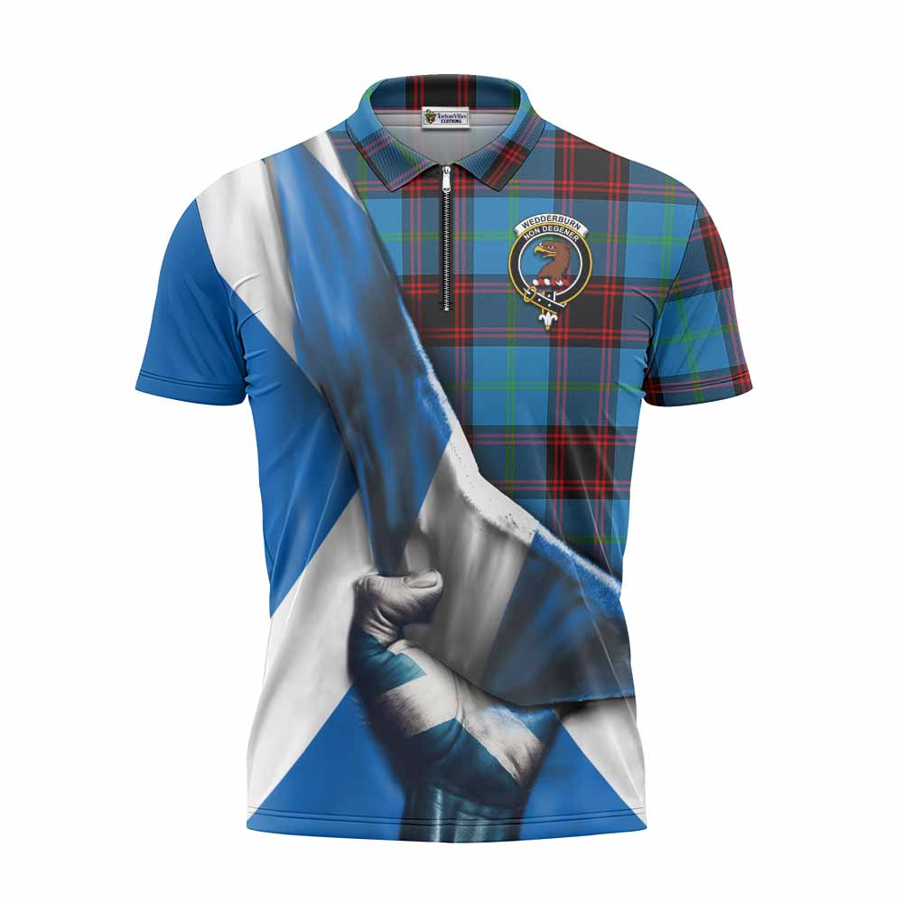 Tartan Vibes Clothing Wedderburn Tartan Zipper Polo Shirt with Family Crest Scotland Patriotic Style