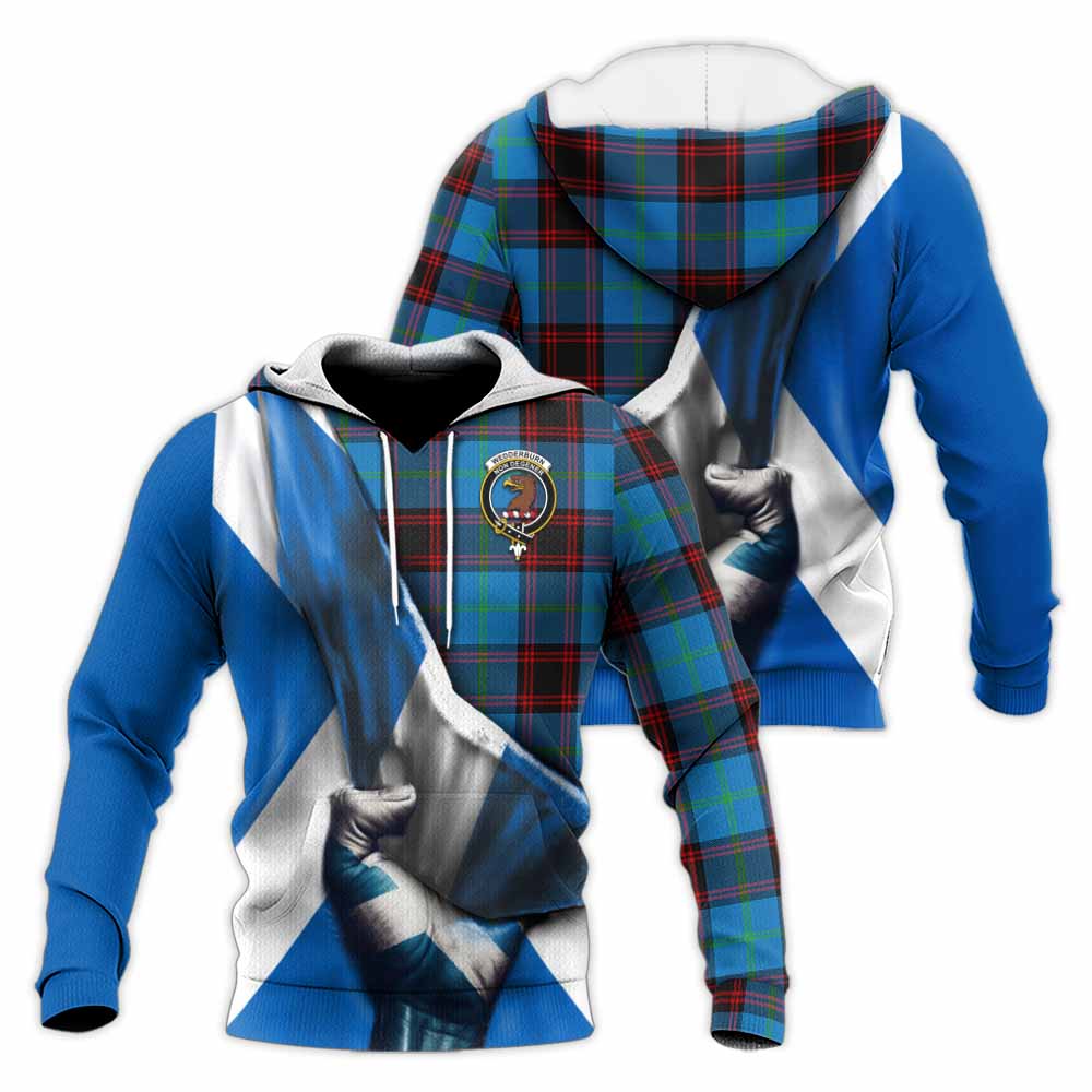 Tartan Vibes Clothing Wedderburn Tartan Knitted Hoodie with Family Crest Scotland Patriotic Style