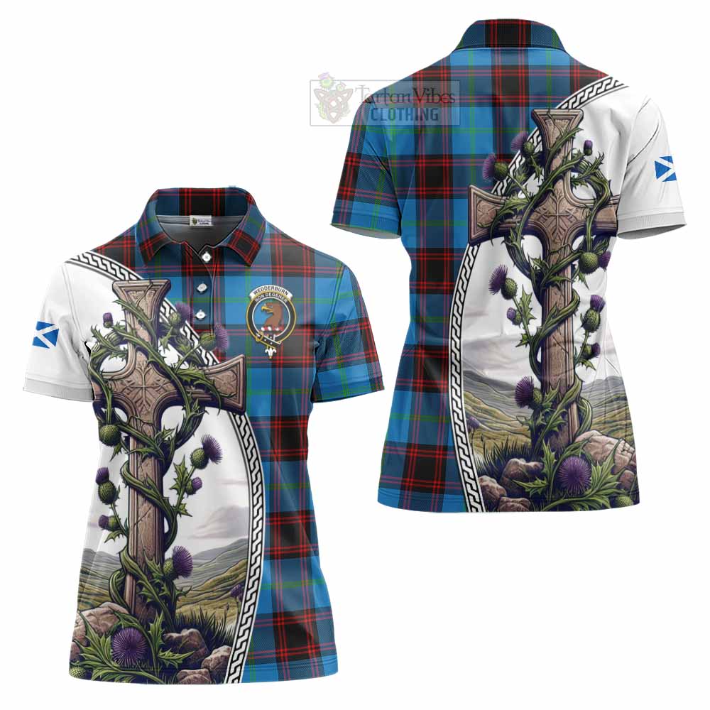 Tartan Vibes Clothing Wedderburn Tartan Women's Polo Shirt with Family Crest and St. Andrew's Cross Accented by Thistle Vines