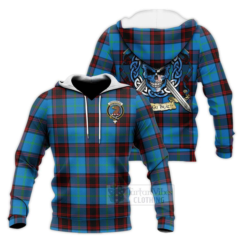 Tartan Vibes Clothing Wedderburn Tartan Knitted Hoodie with Family Crest Celtic Skull Style