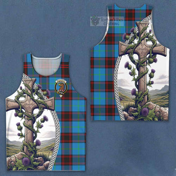 Wedderburn Tartan Men's Tank Top with Family Crest and St. Andrew's Cross Accented by Thistle Vines