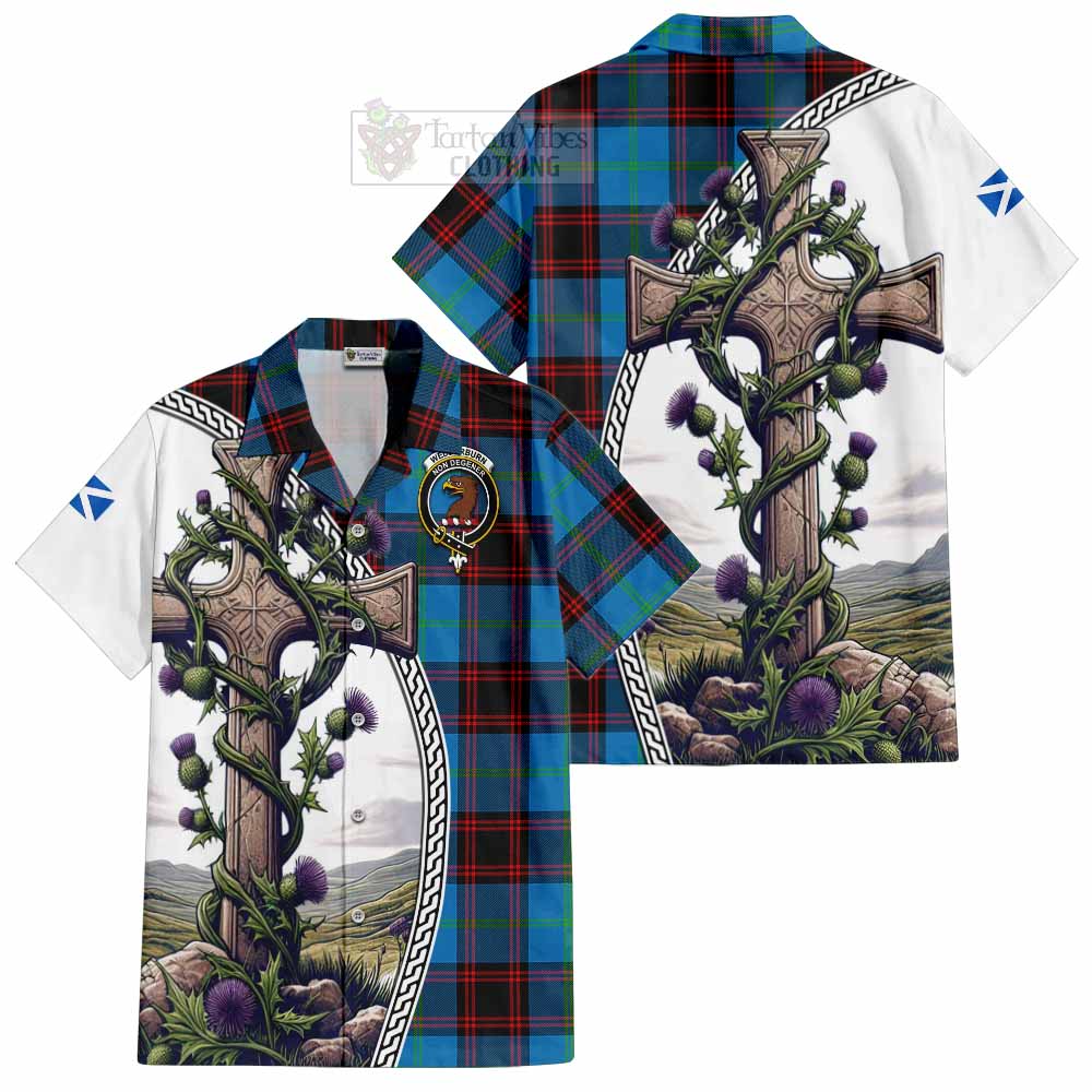 Tartan Vibes Clothing Wedderburn Tartan Short Sleeve Button Shirt with Family Crest and St. Andrew's Cross Accented by Thistle Vines