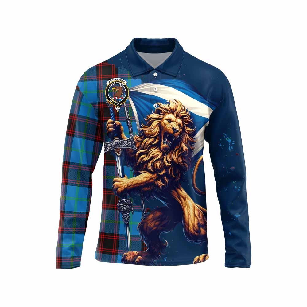 Tartan Vibes Clothing Wedderburn Tartan Family Crest Long Sleeve Polo Shirt with Scottish Majestic Lion