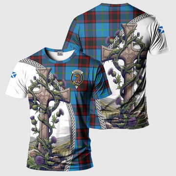 Wedderburn Tartan T-Shirt with Family Crest and St. Andrew's Cross Accented by Thistle Vines