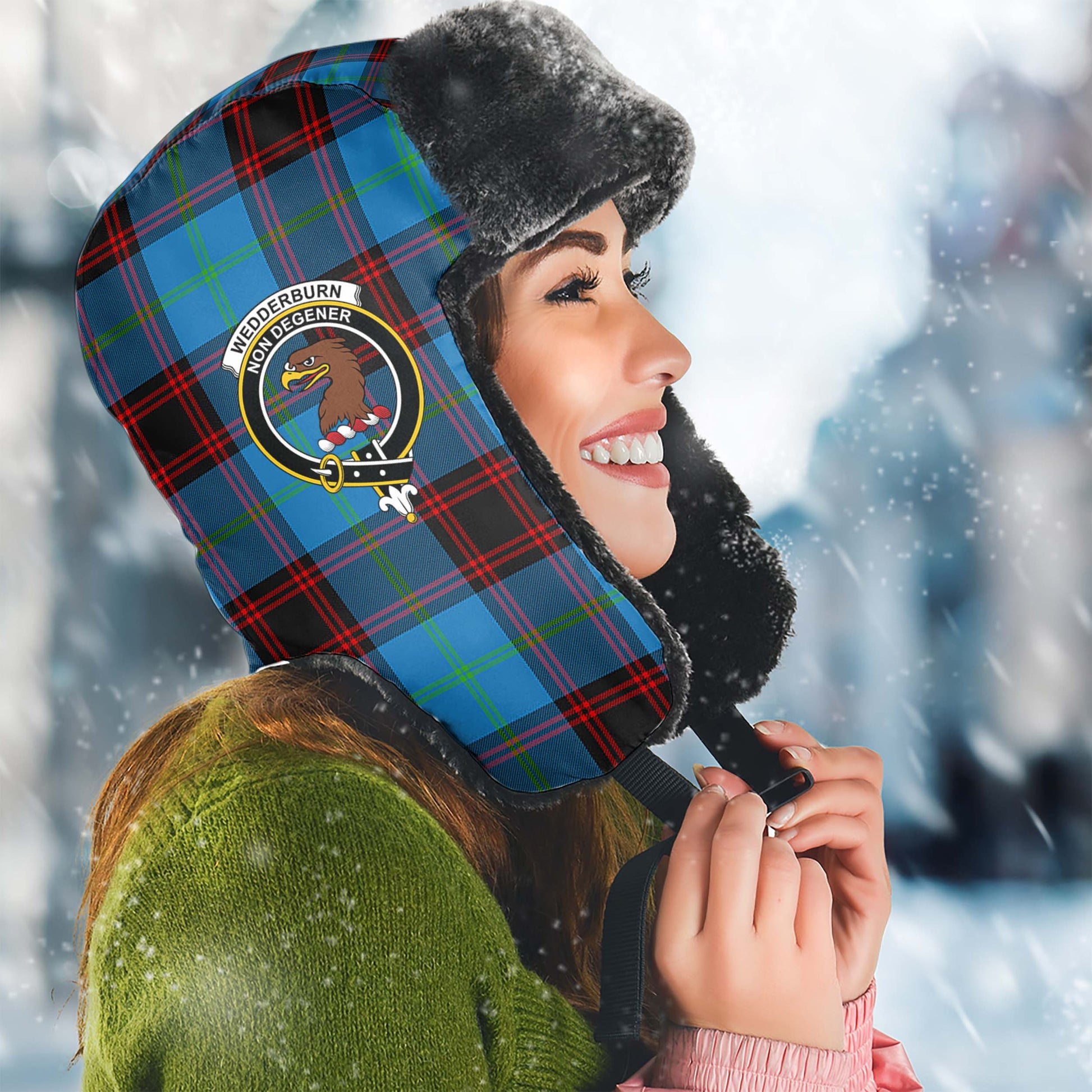 Wedderburn Tartan Winter Trapper Hat with Family Crest Winter Trapper Hat Universal Fit Circumference 22.8in (58cm) - Tartanvibesclothing