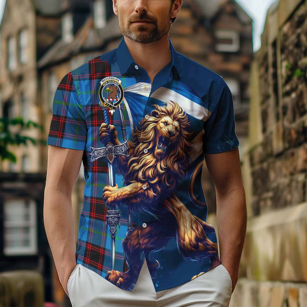 Tartan Vibes Clothing Wedderburn Tartan Family Crest Short Sleeve Button Shirt with Scottish Majestic Lion