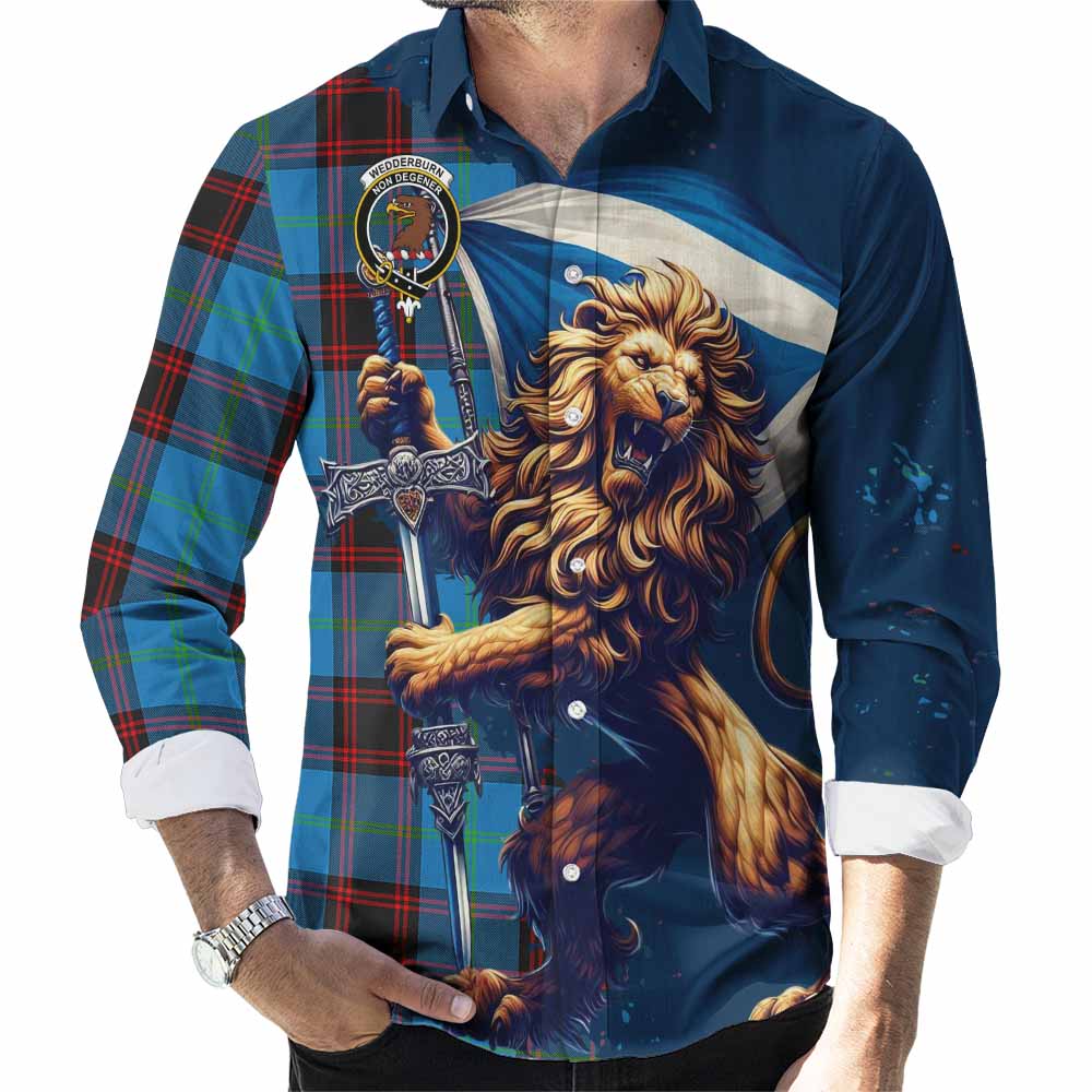 Tartan Vibes Clothing Wedderburn Tartan Family Crest Long Sleeve Button Shirt with Scottish Majestic Lion