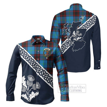 Wedderburn Tartan Long Sleeve Button Shirt Featuring Thistle and Scotland Map