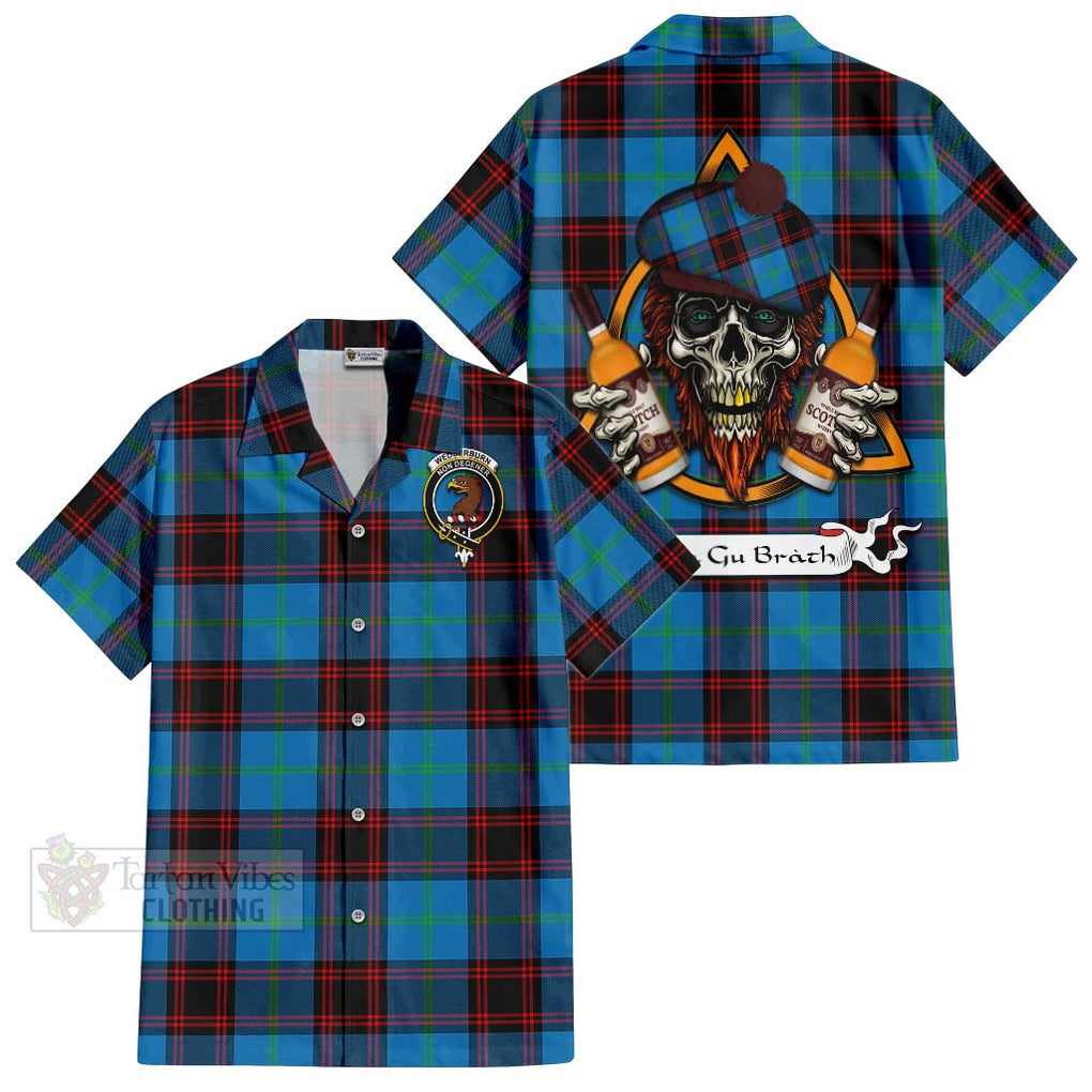 Tartan Vibes Clothing Wedderburn Tartan Short Sleeve Button Shirt with Family Crest and Bearded Skull Holding Bottles of Whiskey