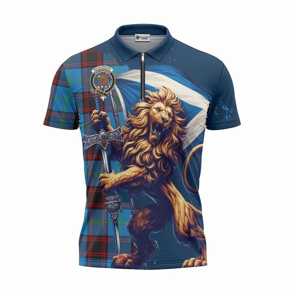 Tartan Vibes Clothing Wedderburn Tartan Family Crest Zipper Polo Shirt with Scottish Majestic Lion