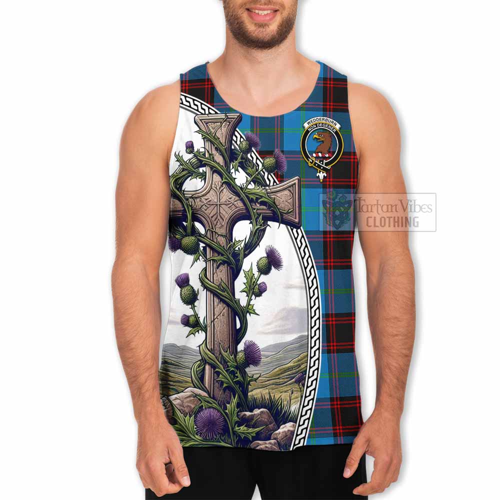 Tartan Vibes Clothing Wedderburn Tartan Men's Tank Top with Family Crest and St. Andrew's Cross Accented by Thistle Vines