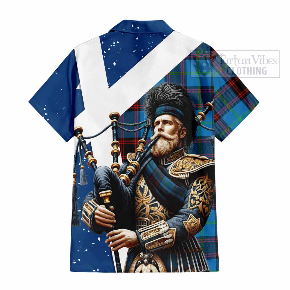 Tartan Vibes Clothing Wedderburn Tartan Short Sleeve Button Shirt with Family Crest Scottish Bagpiper Vibes