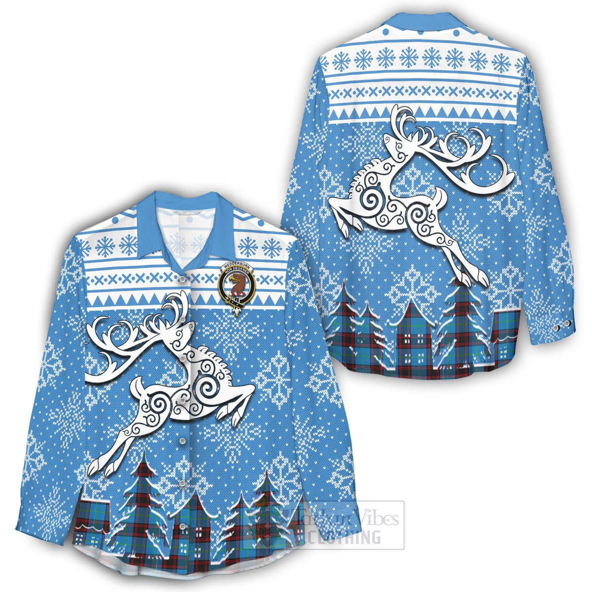 Wedderburn Clan Christmas Women's Casual Shirt Celtic Reindeer Style - Tartan Vibes Clothing
