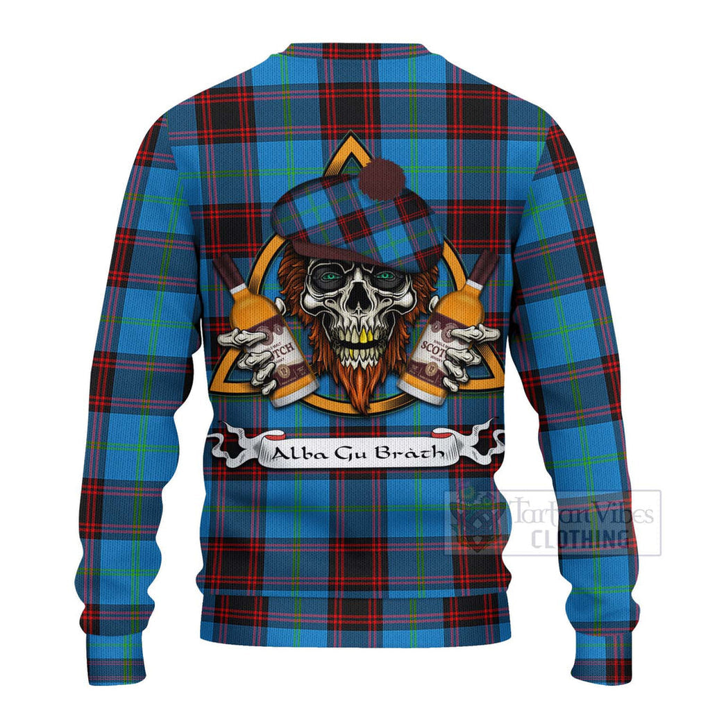 Tartan Vibes Clothing Wedderburn Tartan Knitted Sweater with Family Crest and Bearded Skull Holding Bottles of Whiskey