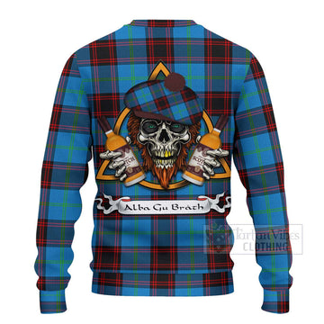 Wedderburn Tartan Ugly Sweater with Family Crest and Bearded Skull Holding Bottles of Whiskey