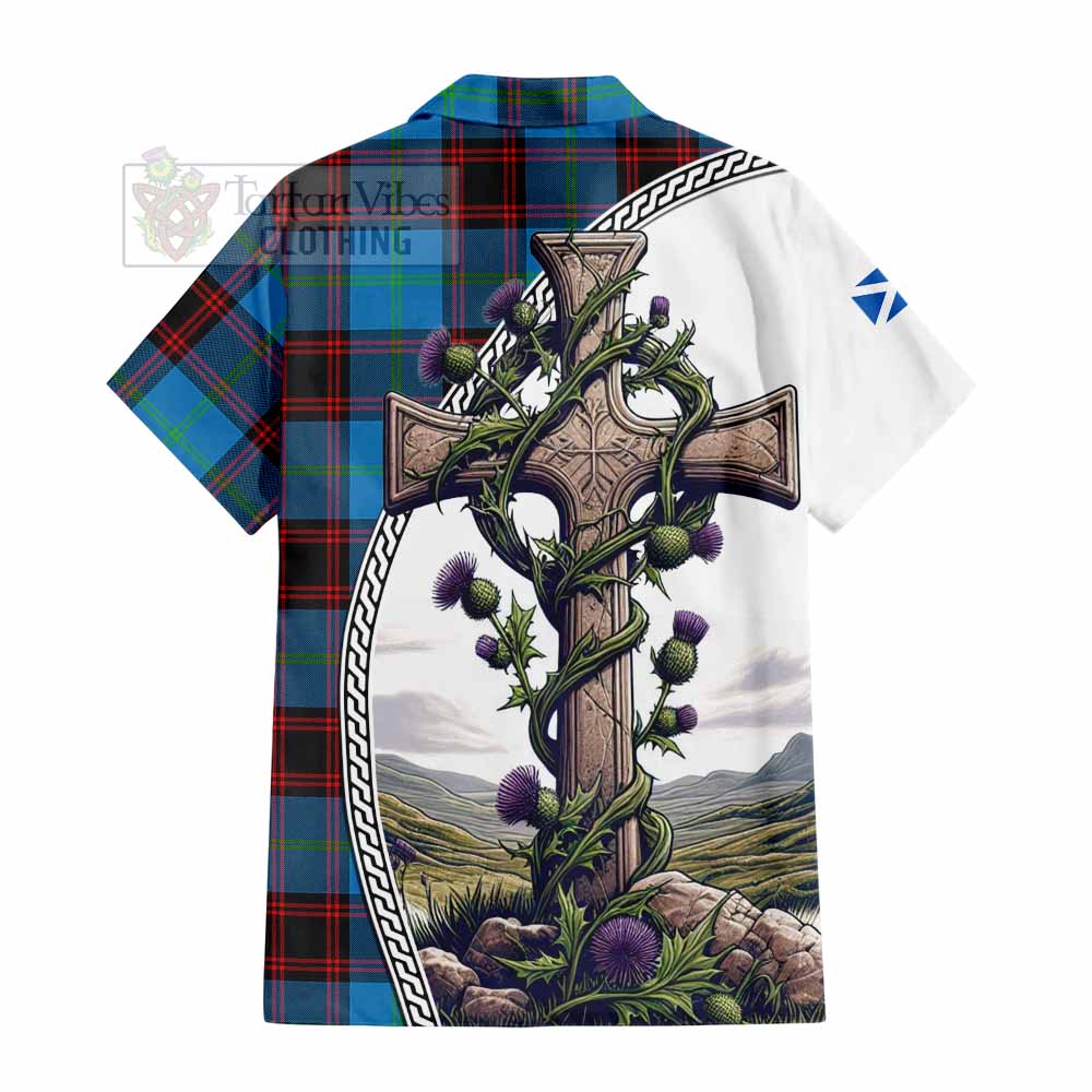 Tartan Vibes Clothing Wedderburn Tartan Short Sleeve Button Shirt with Family Crest and St. Andrew's Cross Accented by Thistle Vines