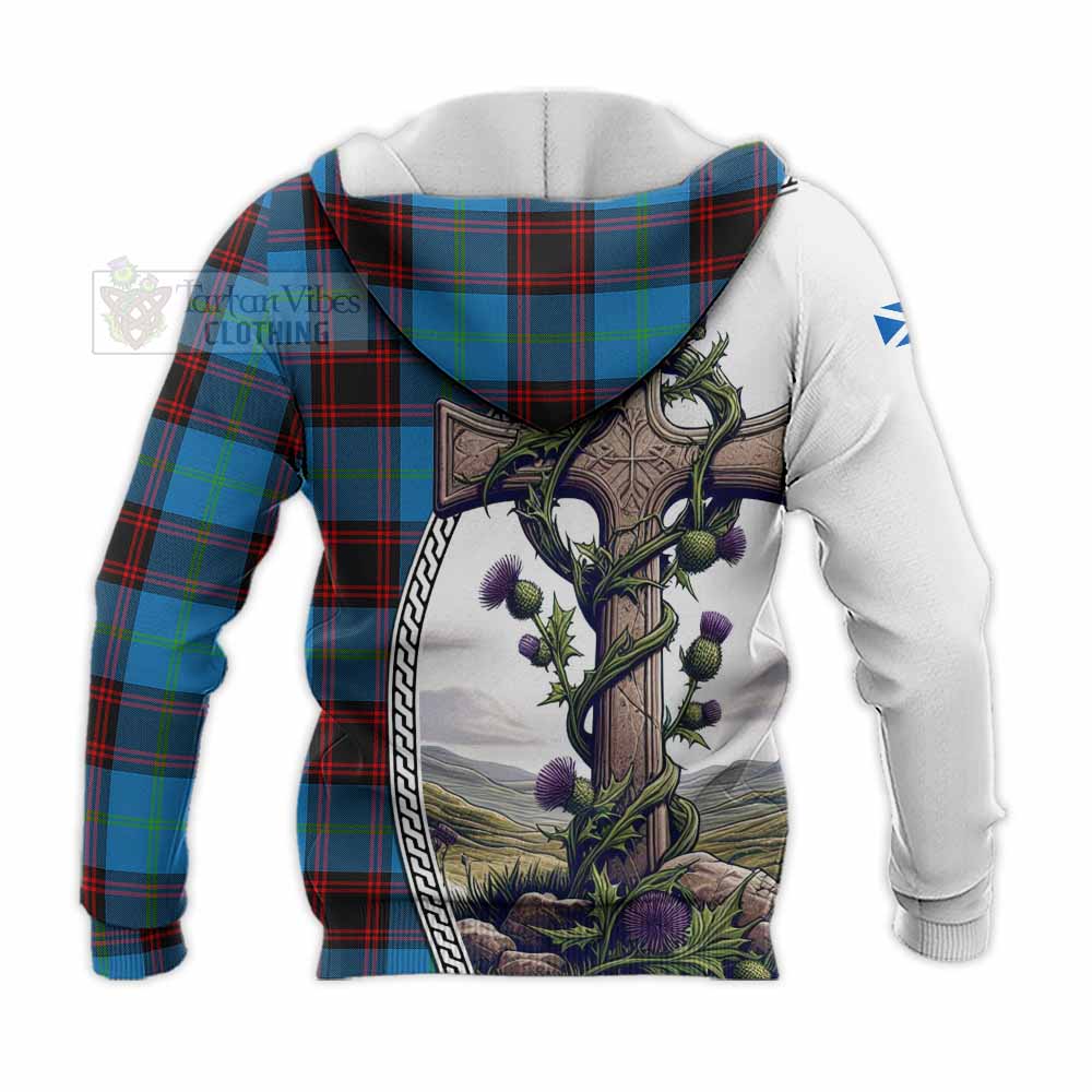 Tartan Vibes Clothing Wedderburn Tartan Knitted Hoodie with Family Crest and St. Andrew's Cross Accented by Thistle Vines