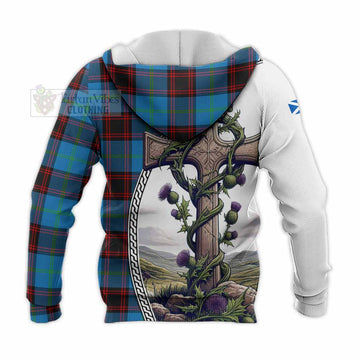 Wedderburn Tartan Knitted Hoodie with Family Crest and St. Andrew's Cross Accented by Thistle Vines