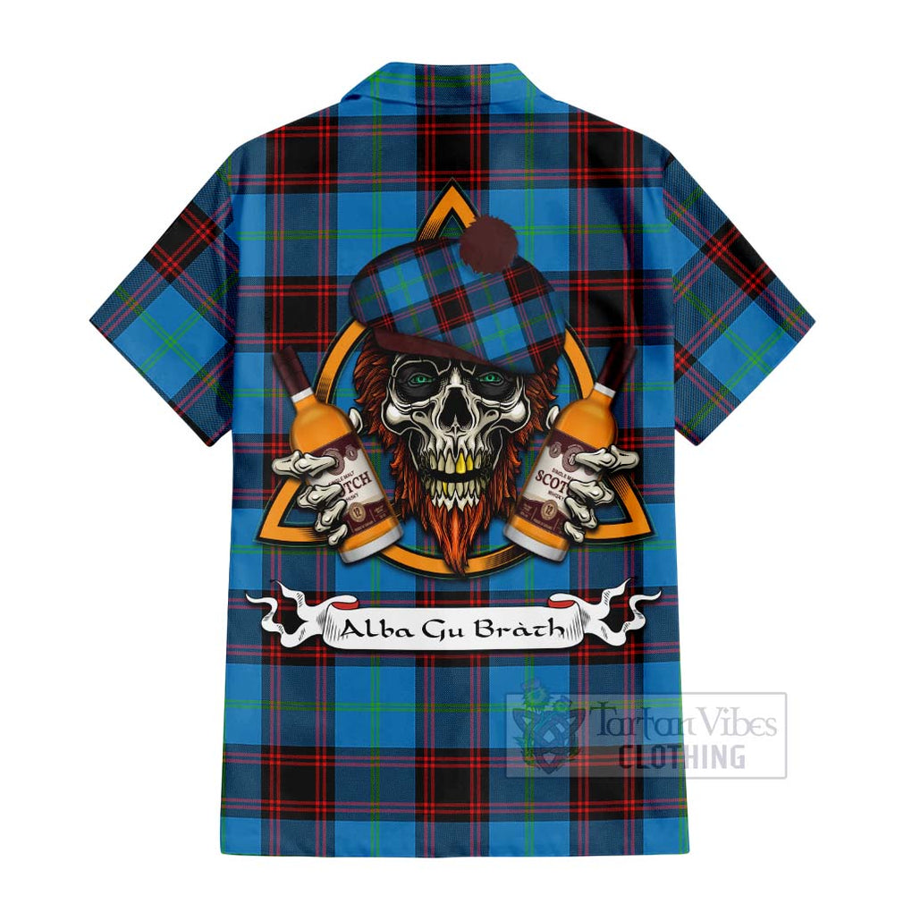 Tartan Vibes Clothing Wedderburn Tartan Short Sleeve Button Shirt with Family Crest and Bearded Skull Holding Bottles of Whiskey