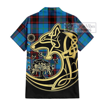 Wedderburn Tartan Short Sleeve Button Shirt with Family Crest Celtic Wolf Style