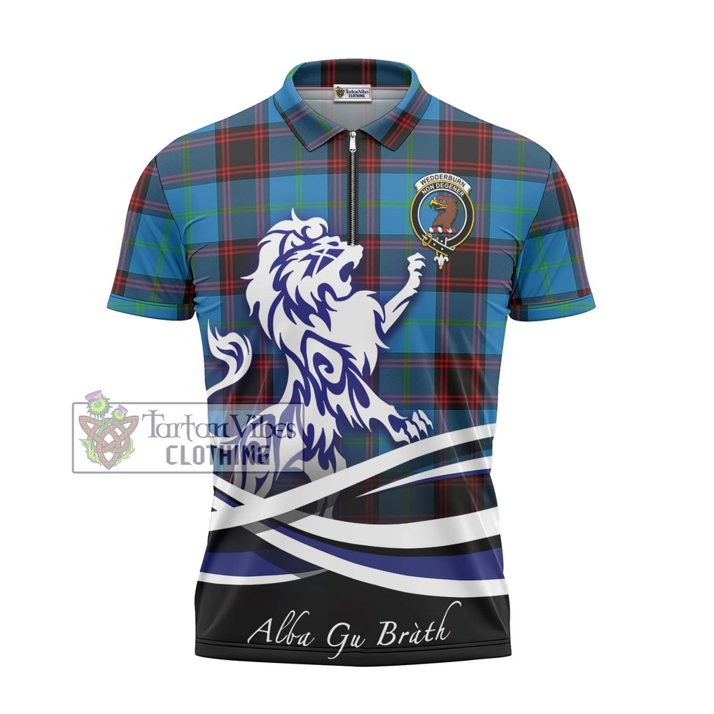 Wedderburn Tartan Zipper Polo Shirt with Alba Gu Brath Regal Lion Emblem - Tartanvibesclothing Shop