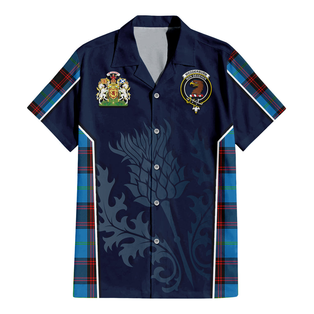 Tartan Vibes Clothing Wedderburn Tartan Short Sleeve Button Up Shirt with Family Crest and Scottish Thistle Vibes Sport Style